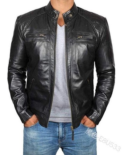 Men's Genuine Leather Jacket Punk Biker Motorcycle Coat Stand Collar