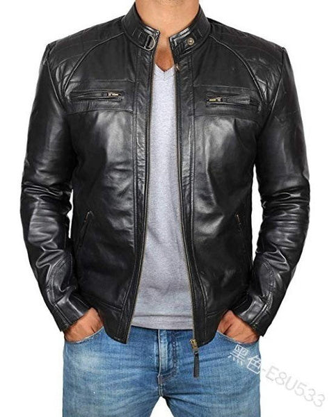 Men's Genuine Leather Jacket Punk Biker Motorcycle Coat Stand Collar