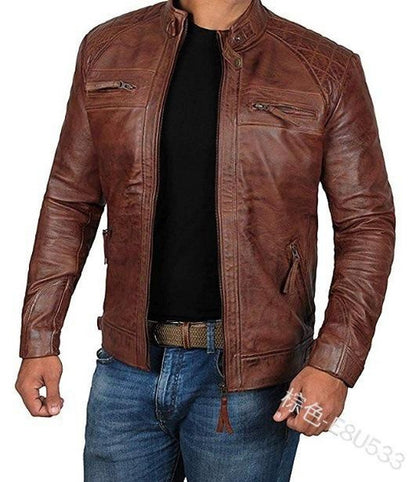 Men's Genuine Leather Jacket Punk Biker Motorcycle Coat Stand Collar