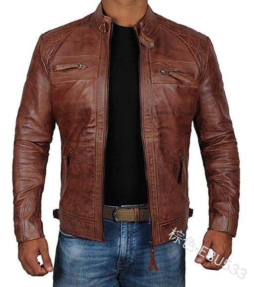 Men's Genuine Leather Jacket Punk Biker Motorcycle Coat Stand Collar