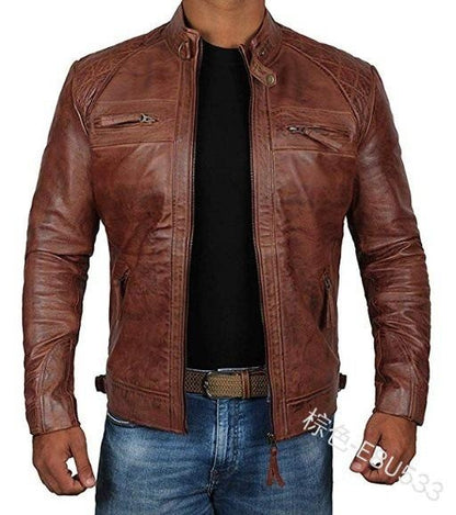Men's Genuine Leather Jacket Punk Biker Motorcycle Coat Stand Collar