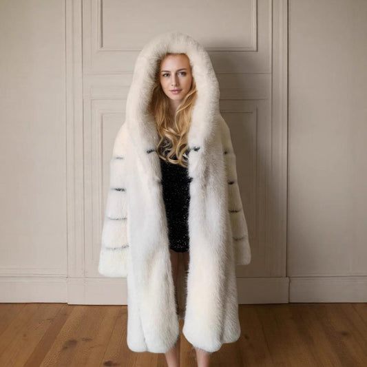 Luxury Fox Fur Coat with Hood, Longline Shearling Blend Jacket for Women