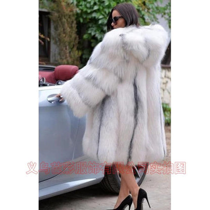 Luxury Fox Fur Coat with Hood, Longline Shearling Blend Jacket for Women