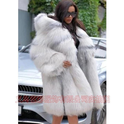 Luxury Fox Fur Coat with Hood, Longline Shearling Blend Jacket for Women