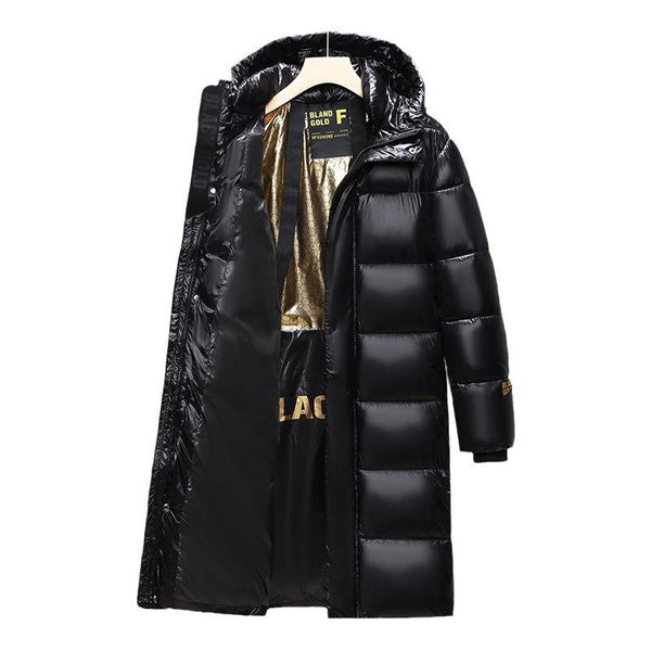 Men's Long Puffer Coat with Hood, Winter Warm Quilted Jacket, Black Gold Waterproof Parka