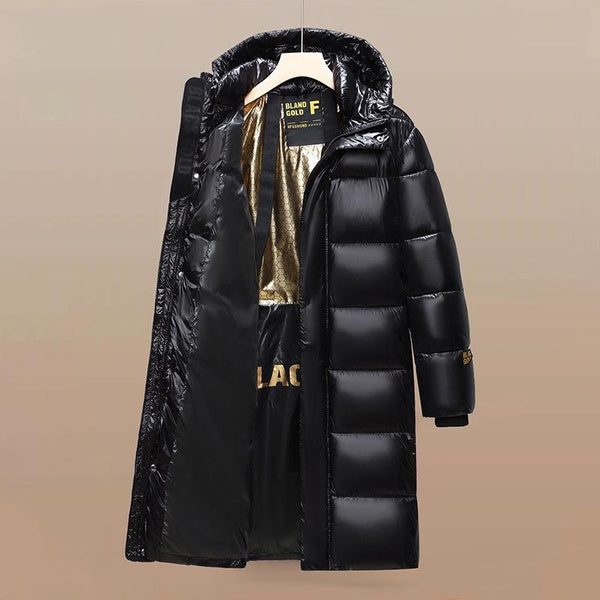 Men's Long Puffer Coat with Hood, Winter Warm Quilted Jacket, Black Gold Waterproof Parka