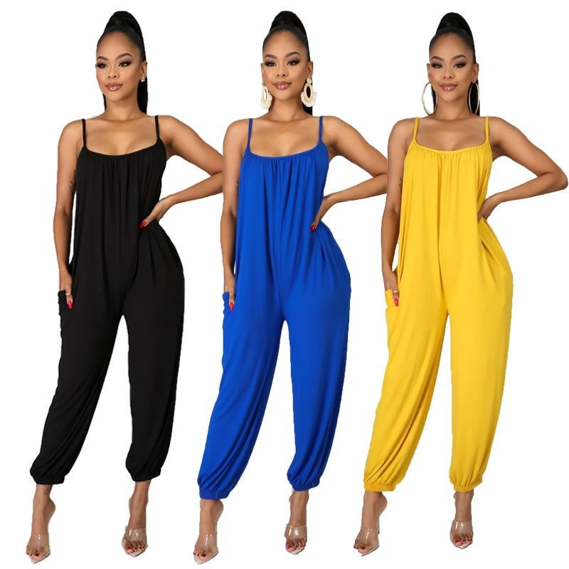 Women's Sleeveless Jumpsuit Casual Wide Leg Romper with Pockets Summer Solid Color One Piece