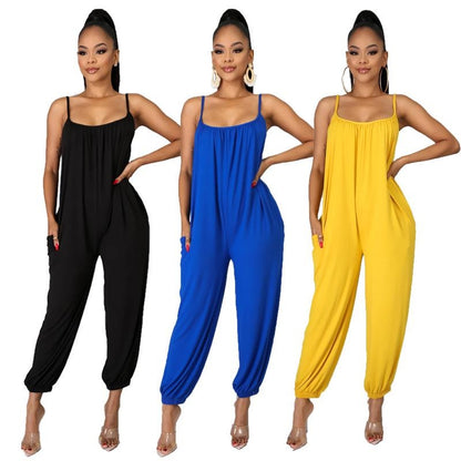 Women's Sleeveless Jumpsuit Casual Wide Leg Romper with Pockets Summer Solid Color One Piece