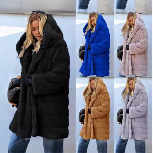 Luxurious Long Plush Faux Fur Coat with Hood, Women's Winter Warm Outerwear