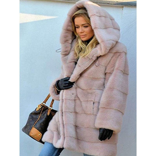 Luxurious Long Plush Faux Fur Coat with Hood, Women's Winter Warm Outerwear