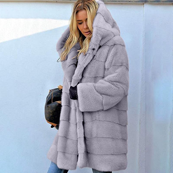 Luxurious Long Plush Faux Fur Coat with Hood, Women's Winter Warm Outerwear