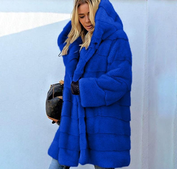 Luxurious Long Plush Faux Fur Coat with Hood, Women's Winter Warm Outerwear