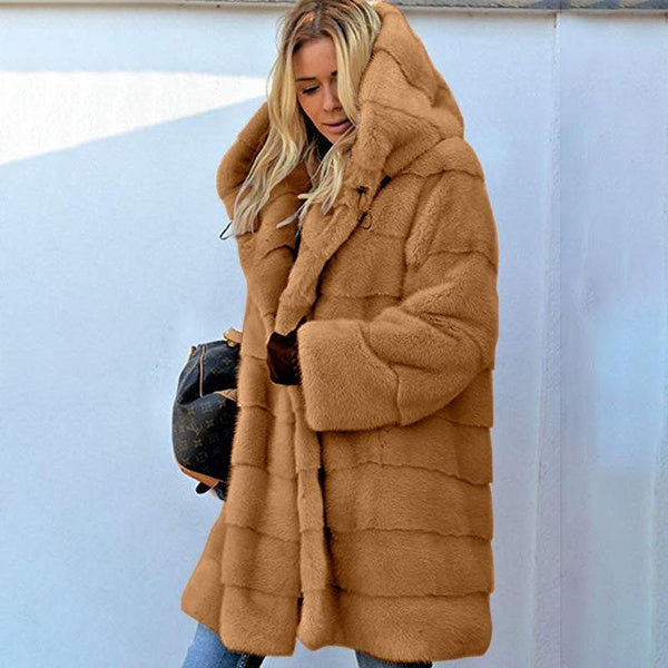 Luxurious Long Plush Faux Fur Coat with Hood, Women's Winter Warm Outerwear