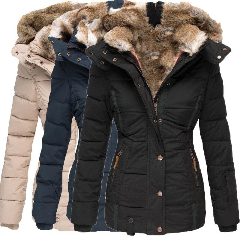 Winter Warm Faux Fur Hooded Coat Women's Zip Up Long Sleeve Slim Fit Padded Jacket