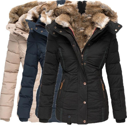 Winter Warm Faux Fur Hooded Coat Women's Zip Up Long Sleeve Slim Fit Padded Jacket