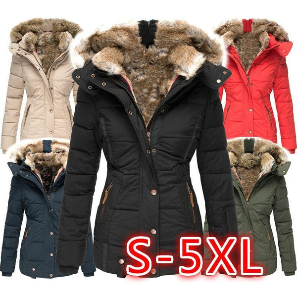 Winter Warm Faux Fur Hooded Coat Women's Zip Up Long Sleeve Slim Fit Padded Jacket
