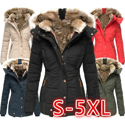 Winter Warm Faux Fur Hooded Coat Women's Zip Up Long Sleeve Slim Fit Padded Jacket