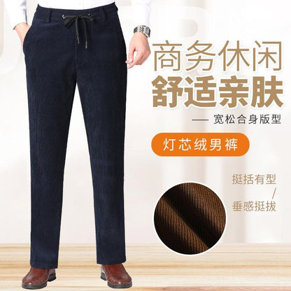 Men's Corduroy Pants with Elastic Waistband, Relaxed Fit Straight Leg Casual Trousers for Dad