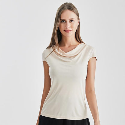 Luxury Silk T-Shirt Women's Pure Color One-Shoulder Draped Neck Slim Fit Mulberry Silk Top