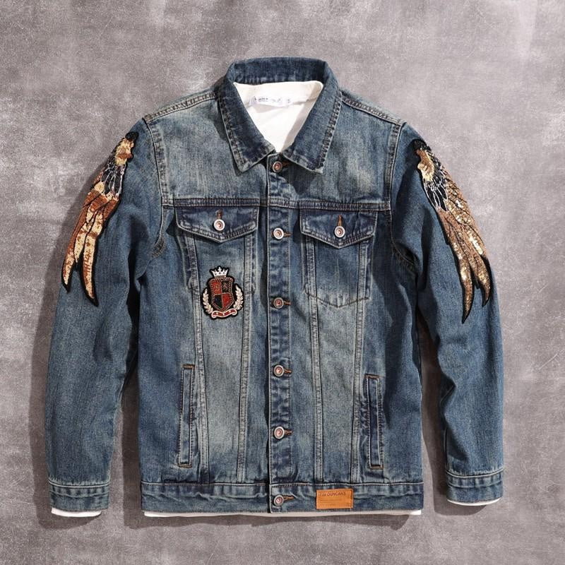 Vintage Japanese Denim Jacket with Detailed Embroidery, American Style Distressed Casual Coat