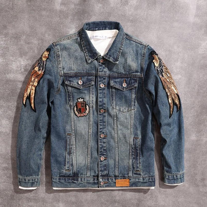 Vintage Japanese Denim Jacket with Detailed Embroidery, American Style Distressed Casual Coat
