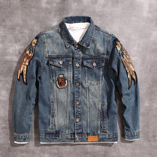 Vintage Japanese Denim Jacket with Detailed Embroidery, American Style Distressed Casual Coat