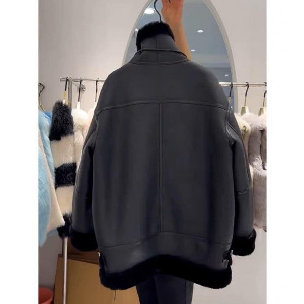 Luxury Shearling Leather Jacket Women's Black Faux Fur Coat Vintage Biker Style Winter Warm Oversized Outerwear