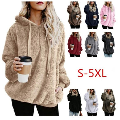 Women's Hooded Fleece Sweatshirt Long Sleeve Pullover Casual Solid Color Outerwear