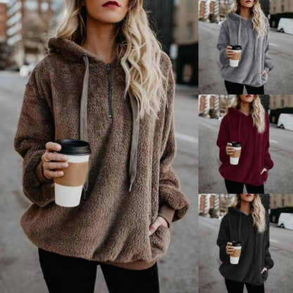 Women's Hooded Fleece Sweatshirt Long Sleeve Pullover Casual Solid Color Outerwear