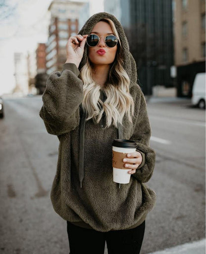 Women's Hooded Fleece Sweatshirt Long Sleeve Pullover Casual Solid Color Outerwear