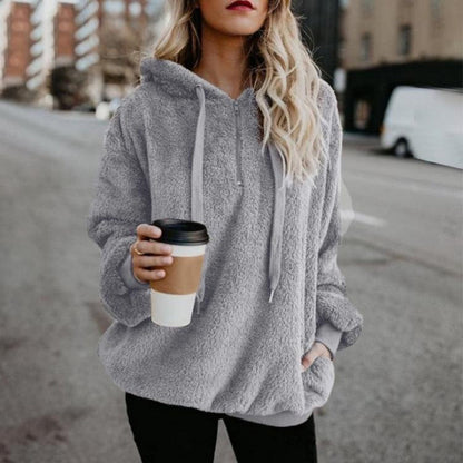 Women's Hooded Fleece Sweatshirt Long Sleeve Pullover Casual Solid Color Outerwear