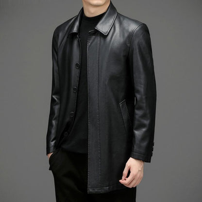 Men's Genuine Leather Jacket, Mid-Length Casual Coat with Lapel Collar, Solid Color Outerwear for Fall and Winter
