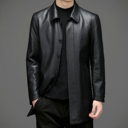 Men's Genuine Leather Jacket, Mid-Length Casual Coat with Lapel Collar, Solid Color Outerwear for Fall and Winter