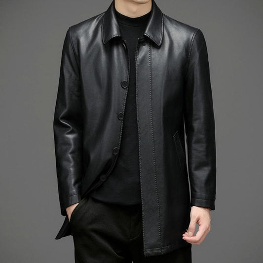 Men's Genuine Leather Jacket, Mid-Length Casual Coat with Lapel Collar, Solid Color Outerwear for Fall and Winter