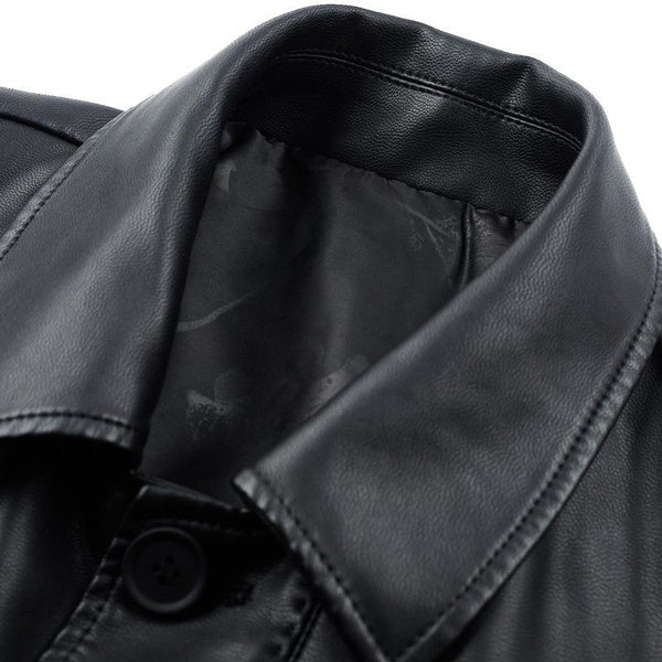 Men's Genuine Leather Jacket, Mid-Length Casual Coat with Lapel Collar, Solid Color Outerwear for Fall and Winter