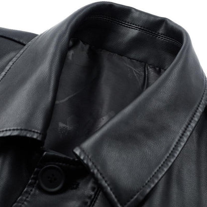 Men's Genuine Leather Jacket, Mid-Length Casual Coat with Lapel Collar, Solid Color Outerwear for Fall and Winter
