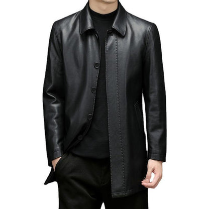 Men's Genuine Leather Jacket, Mid-Length Casual Coat with Lapel Collar, Solid Color Outerwear for Fall and Winter