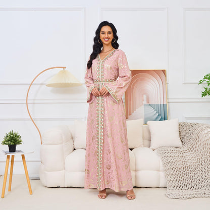 Elegant Embroidered Abaya Dress for Women - Modest Muslim Long Sleeve Maxi Robe