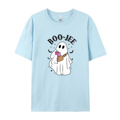 Boo Crew Halloween T-Shirt: Spooky Ghost & Bat Design, 100% Cotton Short Sleeve Tee for Women