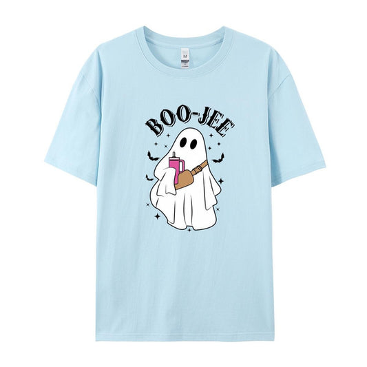 Boo Crew Halloween T-Shirt: Spooky Ghost & Bat Design, 100% Cotton Short Sleeve Tee for Women