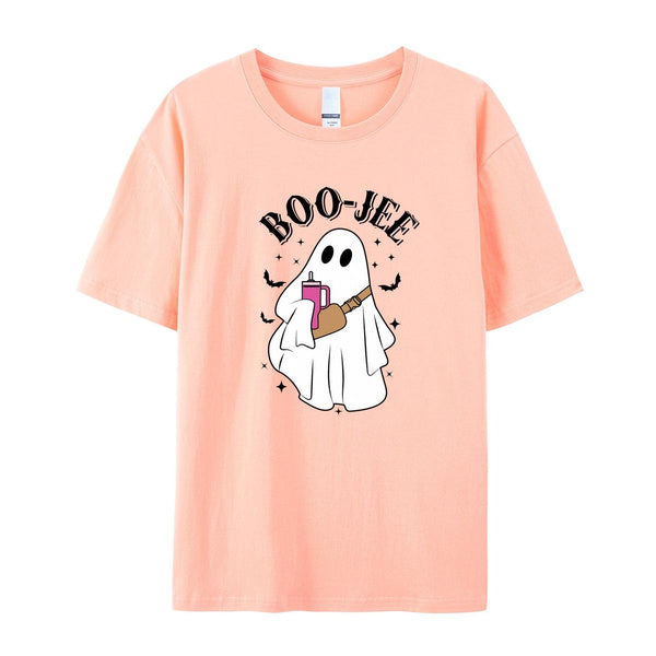 Boo Crew Halloween T-Shirt: Spooky Ghost & Bat Design, 100% Cotton Short Sleeve Tee for Women