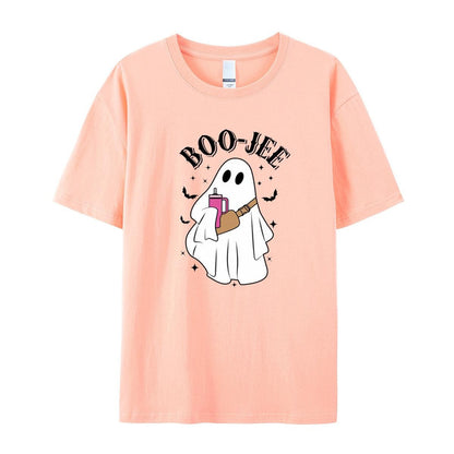 Boo Crew Halloween T-Shirt: Spooky Ghost & Bat Design, 100% Cotton Short Sleeve Tee for Women