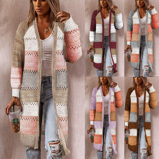 Women's Long Sleeve Open Front Knit Cardigan with Color Block & Lace-Up Detail Oversized Longline Sweater