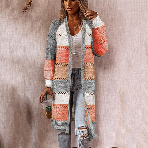 Women's Long Sleeve Open Front Knit Cardigan with Color Block & Lace-Up Detail Oversized Longline Sweater