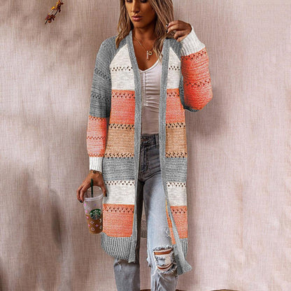 Women's Long Sleeve Open Front Knit Cardigan with Color Block & Lace-Up Detail Oversized Longline Sweater
