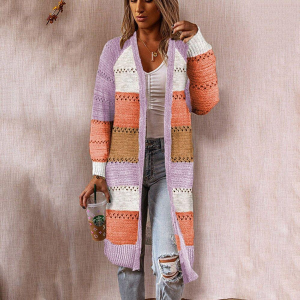 Women's Long Sleeve Open Front Knit Cardigan with Color Block & Lace-Up Detail Oversized Longline Sweater