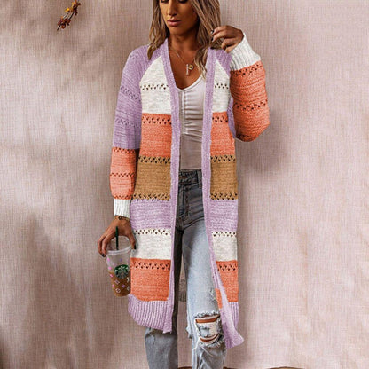 Women's Long Sleeve Open Front Knit Cardigan with Color Block & Lace-Up Detail Oversized Longline Sweater