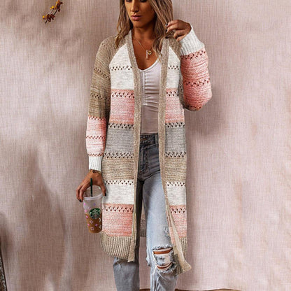 Women's Long Sleeve Open Front Knit Cardigan with Color Block & Lace-Up Detail Oversized Longline Sweater