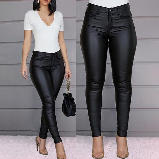 Stylish PU Leather Pants for Women, Slim-Fit Trousers, Solid Color Casual Tights