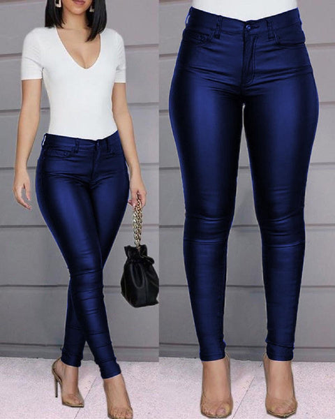 Stylish PU Leather Pants for Women, Slim-Fit Trousers, Solid Color Casual Tights